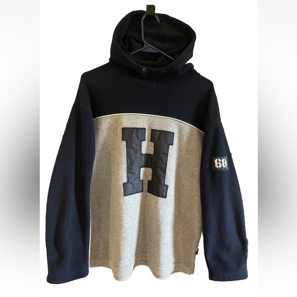 Vtg 90s Tommy Hilfiger Letter H Pullover Hoodie Fleece Navy Grey Size Medium